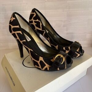 Steve Madden Womens Lezlie Peep Toe Pumps Giraffe Print Calf Hair Buckle Size 9M